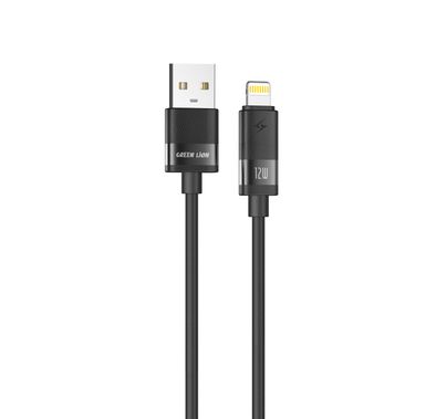 كابل Green Lion Matte Silicone USB-A to Lightning بقدرة شحن 12 واط، نقل بيانات USB 2.0 بسرعة 480 ميجابت في الثانية، آمن ومضمون، شحن ومزامنة، مصنوع من السيليكون غير اللامع + سبائك الألومنيوم، بطول كابل 1 متر - أسود.