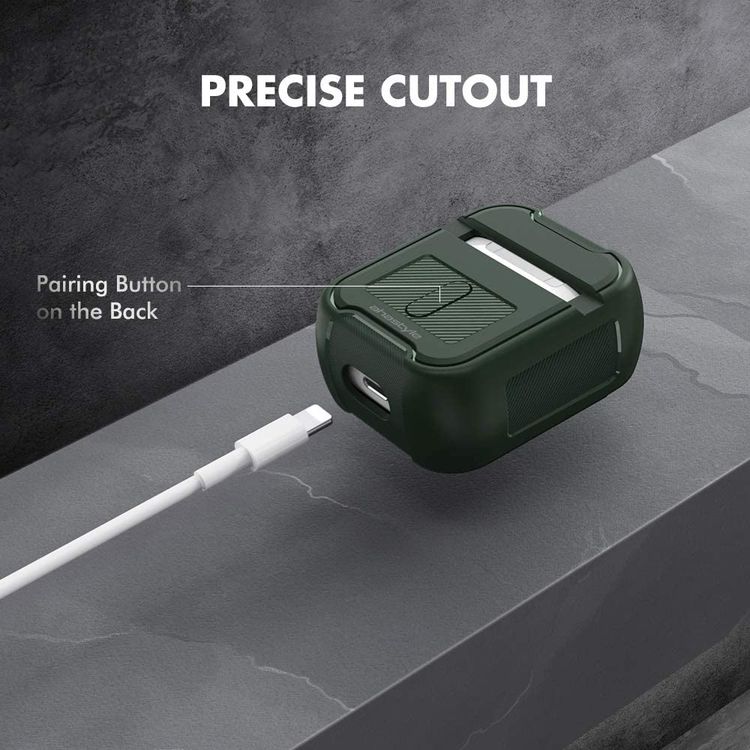 AhaStyle Rugged Armor Premium TPU Case with Anti-Lost Carabiner Compatible for AirPods 1/2, Hard-Shell Protective Cover, Scratch Resistant, Shock Absorption, Drop Protection, & Dustproof Protective Silicone Cover Supports Wireless Charging - Midnight Green