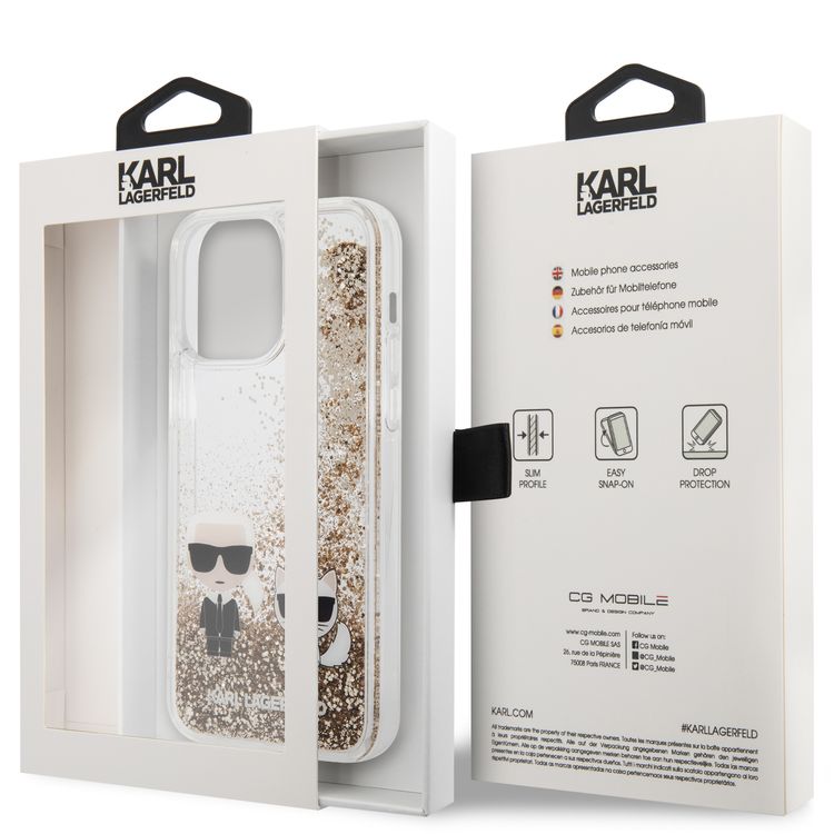Karl Lagerfeld Liquid Glitter Silicone Case Karl and Choupette Protector iPhone 14 Pro Max Compatibility - Gold