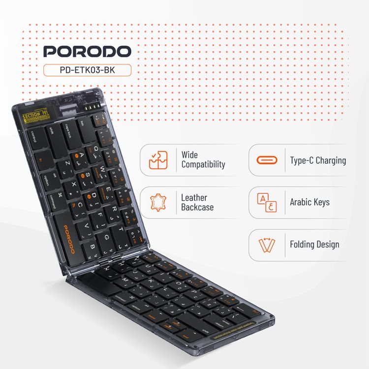 Porodo Crystal Shell Wireless Keyboard, Transparent, Bluetooth Connection, Foldable, 65 Keys + Arabic Layout, 80mAh Lithium Battery, Scissor Key Switches, Compatible with Windows, iOS, Android, Mac - Black