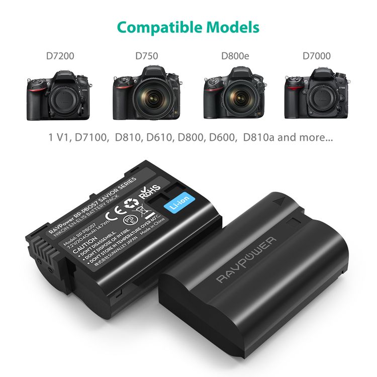 RAVPower EN-EL15 EN EL15A Battery Charger Set Compatible for Nikon D750, D7500, D850, D800, D7200, D500, D610, D600 (2-Pack, Micro USB Input Charger, 2100mAh / 14.7W Battery