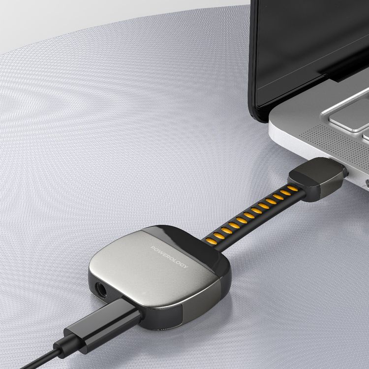 Powerology 2-in-1 USB-C to Aux & USB-C Adapter, 60W Power Delivery, 40000+ Bends Lifespan, High-Resolution Audio, Advanced DAC Smart Chip, Plug & Play Design - Gray
