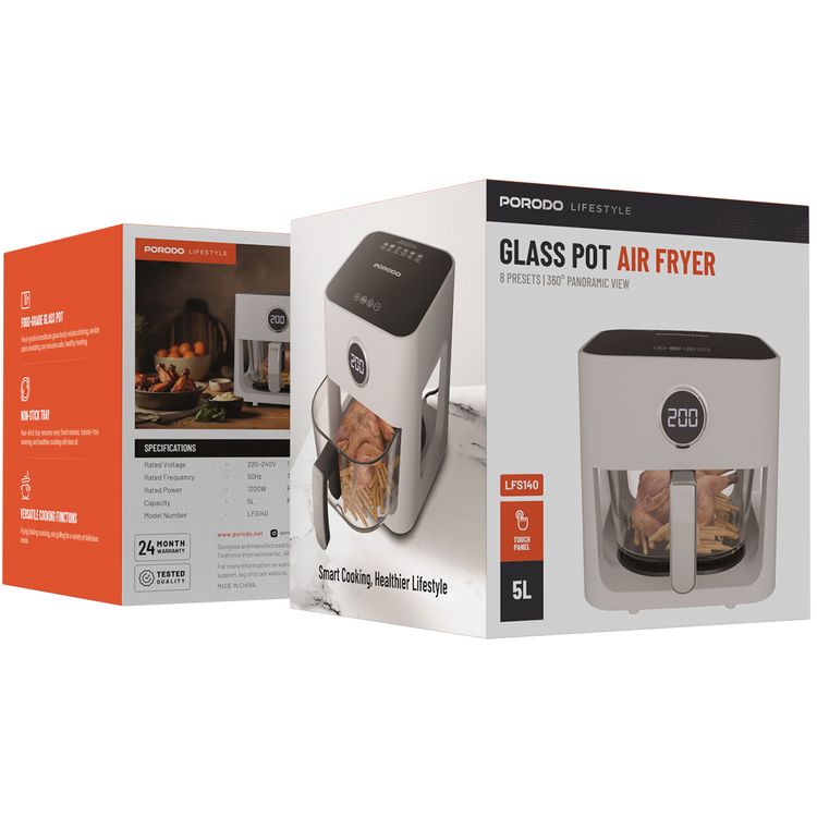 Porodo Lifestyle Glass Pot Air Fryer with 5L Capacity, Up to 60 Minutes Timer, 8 Presets, 360° Panoramic View, 1200W Rated Power, Food-Grade Glass Spot, Touch Panel - White