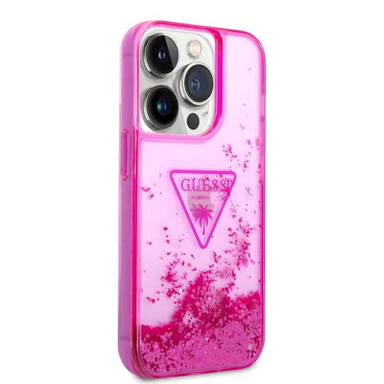 Guess Liquid Glitter Case with Triangle  Translucent Logo - Fuchsia - iPhone 15 Pro