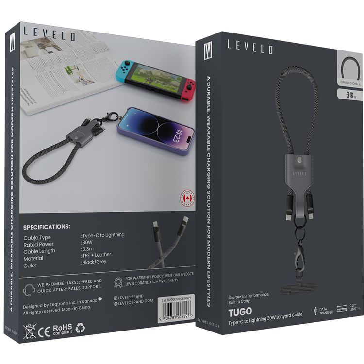 Levelo Tugo Type-C to Lightning 30W Lanyard Cable with TPE + Leather Material, 0.3m Cable Length, Data Transfer - Black/Gray