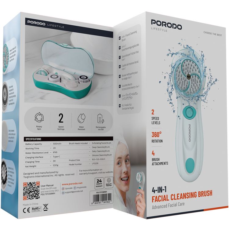Porodo 4-in-1 Facial Cleansing Brush with 4 Brush Attachments, 2 Speed Levels, 360° Rotation, 500mAh Battery Capacity, 2 Hours Working Time, IPX6 Water Resistance Level, Type-C Charging Interface - White