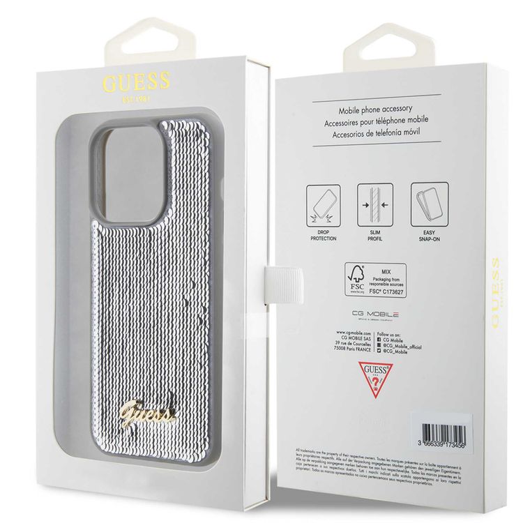 Guess Sequin Script Case with Guess Metal Logo - Silver - iPhone 15 Pro