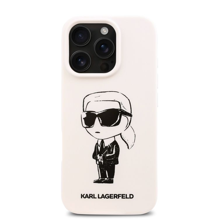 Karl Lagerfeld TPU Silicone Hard Case with ikonik Graffiti Logo for iPhone 16 Pro, Durable Material, Comfortable and Secure Grip, Lightweight and Slim - White