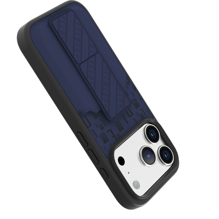 غطاء Levelo Morphix GripStand مع حامل بطاقات لهاتف iPhone 17 Pro Max، تصميم فخم بطبعات العلامة التجارية، واقي صدمات، حواف مرتفعة للكاميرا والشاشة، حامل حزام مغناطيسي - لون أزرق منتصف الليل.