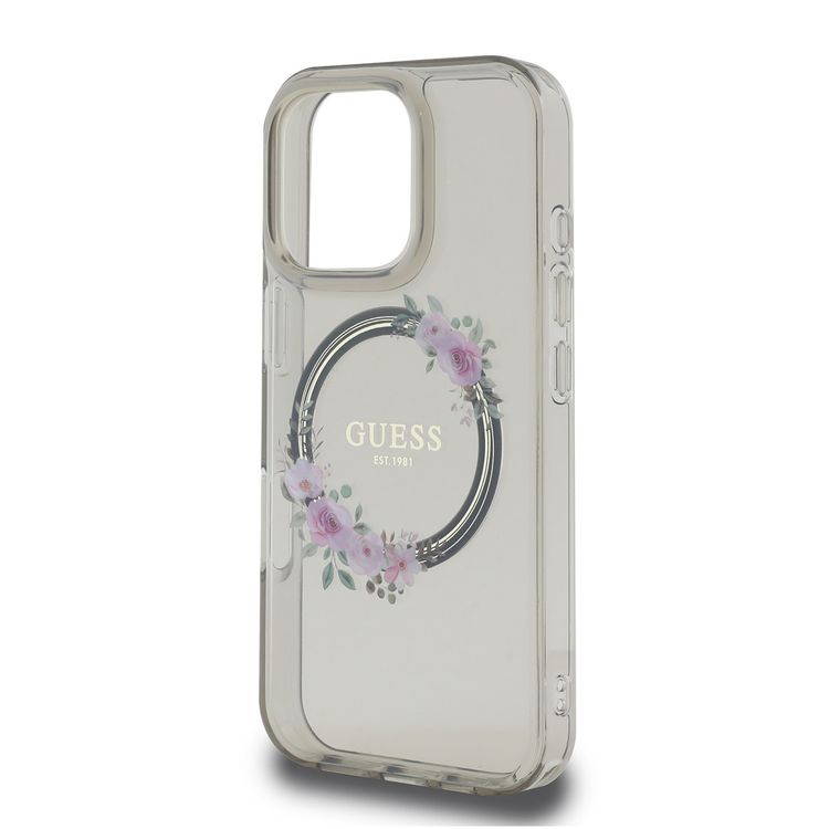 Guess Magsafe IML Hard Case with Flower Wreath Design for iPhone 16 Pro Max, Lightweight, Comfortable and Secure Grip, High Quality Material - Black