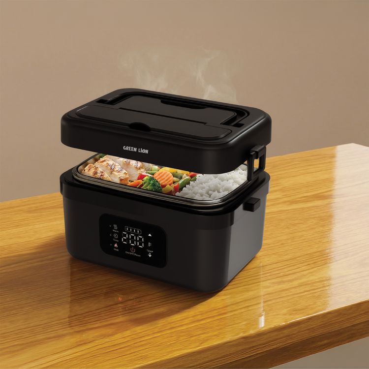 Green Lion Portable Lunch Box with Built-in Battery, Electric Heating, 1L Capacity, 8000mAh Battery Capacity, 5 Perfect Heating Modes, 60W Power Rapid Heating, Leak-Proof Design, Phone Holder and Power Bank Function, USB-C Charging, Dishwasher Safe, Digital Touch Display, Steam Release Valve - Black