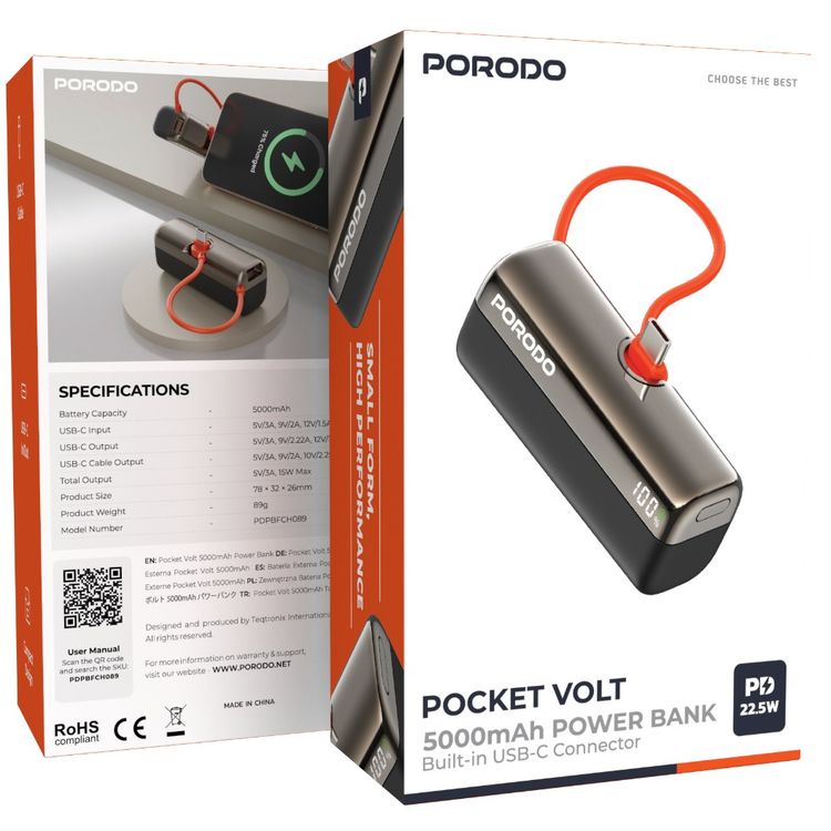 Porodo Pocket Volt 5000mAh Power Bank with Built-in Type-C Connector, 22.5W Power Delivery, Fast Charging Support, Compact Design, 15W Total Output - Black