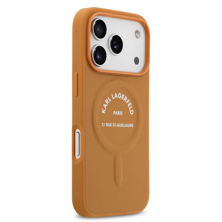 Karl Lagerfeld MagSafe PU Case with Karl RSG Logo Buttons for iPhone 17 Pro, Slim Profile, Easy Snap-On, Sustainable Packaging, Comfortable Grip, Drop Protection, Lightweight Design - Brown