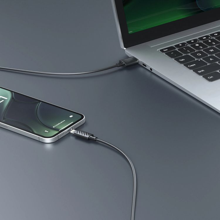 Porodo Blue USB-A to Lightning Charging Cable with 480Mbps Data Transfer, 3A Fast Charge, Flexible Material, Universal Compatibility - Black 