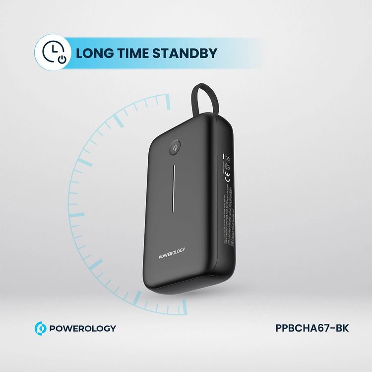 Powerology 20000mAh Power Bank with Detachable USB-C Wire, 30W Power Delivery, 3-Device Charging, Long Time Standby, Universal Phone Compatibility, Built-in Safeguards - Black