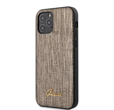 CG MOBILE Guess PU Lizard Pattern Phone Case w/ Metal Logo Compatible for iPhone 12 / 12 Pro (6.1") Mobile Case Anti-Scratch Officially Licensed - Gold