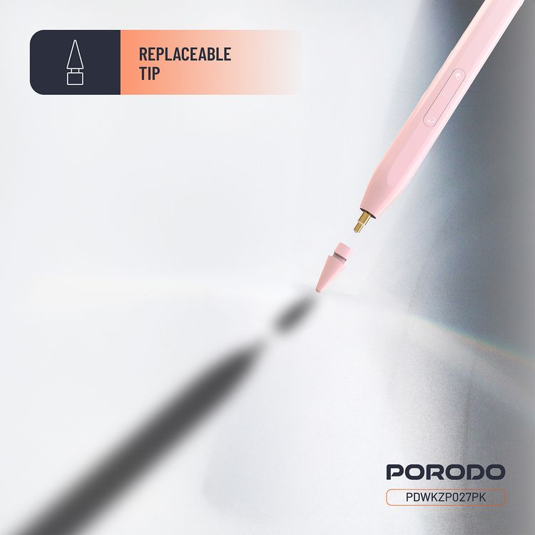 قلم Porodo مغناطيسي لأجهزة iPad، مقاس ريشة 1.2 مم، وقت عمل مستمر يصل إلى 9 ساعات، مصنوع من سبيكة الألومنيوم، منفذ شحن USB-C، بطارية 130 مللي أمبير في الساعة، متوافق مع موديلات iPad من 2018 إلى 2024، بدون تأخير، شحن سريع - وردي