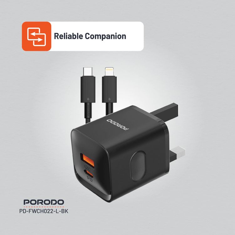 Porodo PD+QC 20W Wall Charger with Type-C to Lightning Cable, Dual Port, 1.2m Cable Length, UK Plug, Simultaneous Charging, Over-Heat Protection - Black 