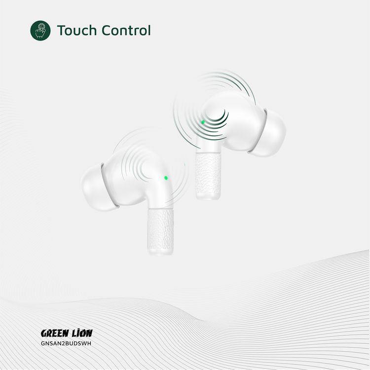 Green Lion Santorini 2 True Wireless Earbuds with Touch Controls, Up to 5 Hours Play Time, ABS Material, 2500 Hours Standby Time, 13mm Speaker Size, ENC Dual Microphones, High-Quality Sound, Voice Assistant - White