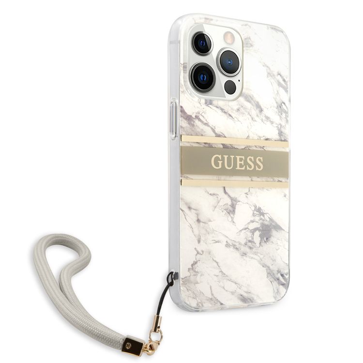 CG MOBILE Guess PC/TPU Case Marble Design & Stripe with Nylon Strap Compatible for iPhone 13 Pro Max (6.7") Back Cover Suitable with Wireless Charging Officially Licensed - Gray