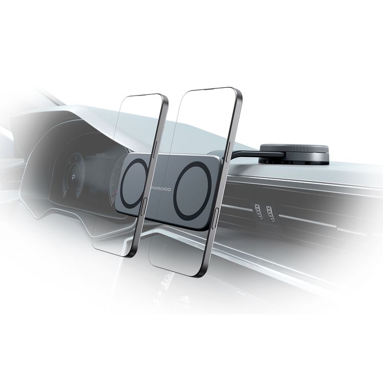 Porodo Vacuum & Adhesive Magnetic Car Mount with Dual Phone Holder, 360° Full Rotation, 350g Load Weight, N52 Magnet Type , Vacuum Suction Cup, Nano-Adhesive Stand Mount Types, Adjustable Arm, Rotatable Ball Joint - Black