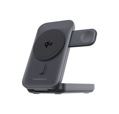 Powerology MagSafe 10000mAh Power Bank & Watch Charger with 15W PD, Qi2 Certified, Compatible with iWatch and Airpods, Foldable Stand - Black 