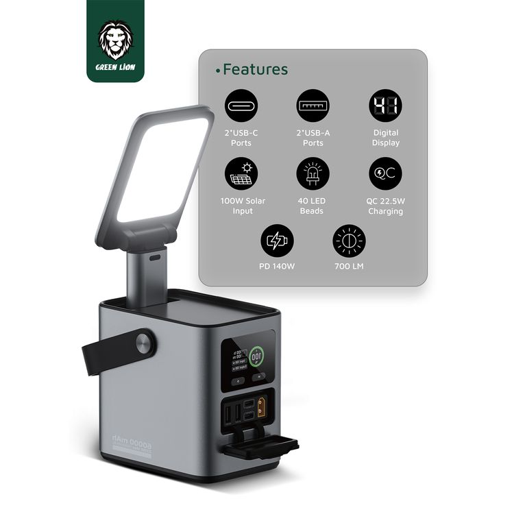 Green Lion Energy Max 60000mAh Power Station with 230W Total Output, Brightness of 700 Lumens, PD 140W, Digital Display, 100W Solar Input, QC 22.5W - Gray