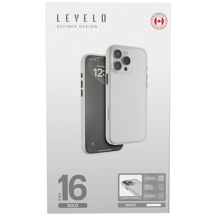 Levelo Solo Case for iPhone 16 Pro with Clearview Technology, Matte TPU Bumper, Comfortable Grip, Impact-Resistant Corners, 3H Scratch Resistance - White