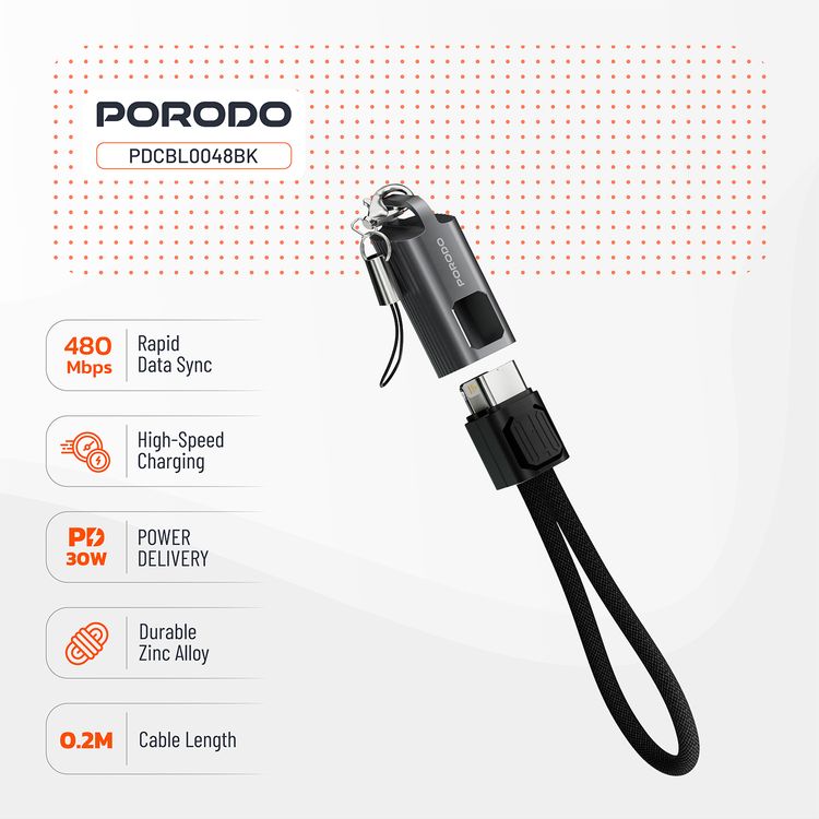 Porodo Chargeloop Keychain USB-C to Lightning Data Cable with 30W PD Output, 480Mbps Data Transfer Rate, 20cm Cable Length, Durable Zinc Alloy & Nylon Braided Material, High-Speed Charging, Compact Design - Black