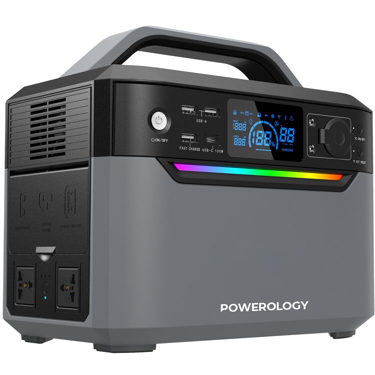 Powerology 600W Power Generator with Dual AC Sockets, USB-C, Dual USB-A & Wireless Outputs, Built-in Flashlight, 120000mAh Battery Capacity, Solar Charging Capability, Portable Design - Black