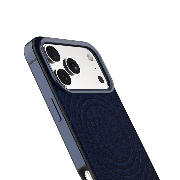 Levelo Spirale PU Leather Hybrid Case for iPhone 17 Pro Max, MagSafe Compatible & Strong Magnets, Impact-Resistant, Shock-Resistant Bumper, Aluminum Alloy Frame for Camera & Edges, Drop-Tested - Midnight Blue