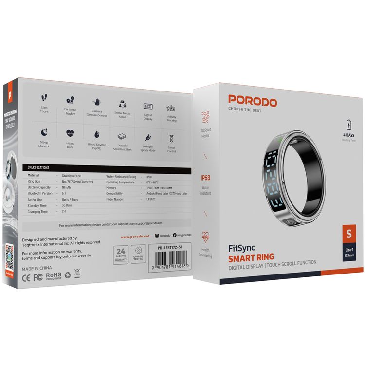 Porodo FitSync Smart Ring with Digital Display with Touch Scroll Function in Small Size 7, Up to 4 Days Active Use Time, 96KB Ram & 128KB ROM, Camera Gesture Control, Activity Tracking & 128 Sport Modes - Silver