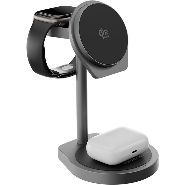 Powerology Eifel 3-in-1 Wireless Charger with Stable and Secure Hold, Energy-Efficient Design, Charging and Data Sync Cable, Strong Magnetic Hold, Built-in Safeguards, Multi-Device Charging, ≤4 mm Transmission Distance, 1m USB-C to USB-C Cable Included, Fast Charge - Gray