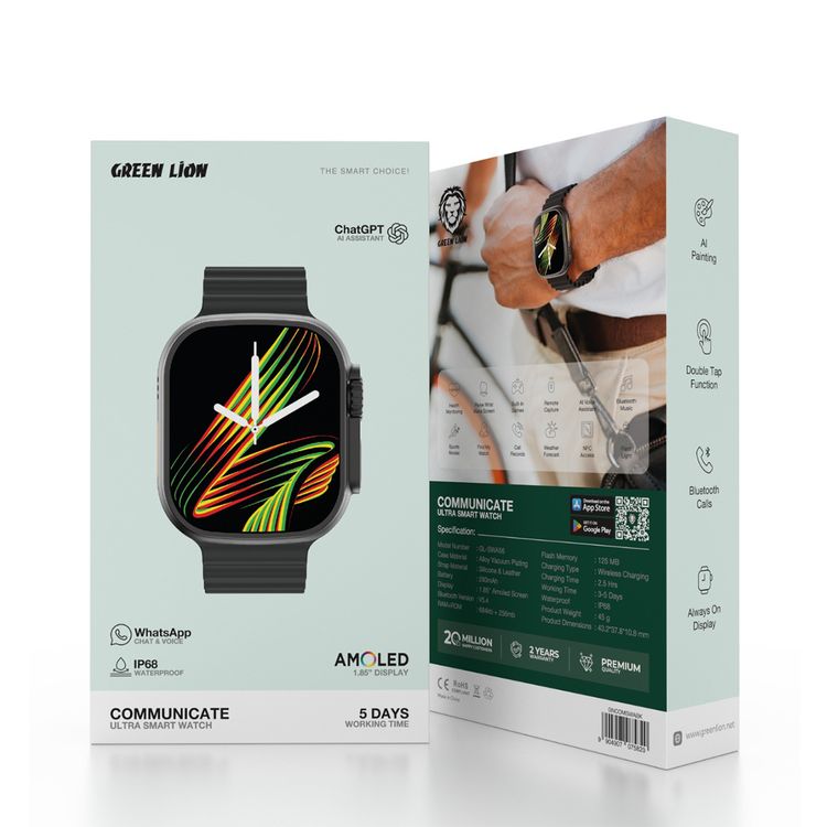 Green Lion Communicate Ultra Smart Watch with 1.85" Amoled Screen Dispaly, 280mAh Battery Capacity, Wireless Charging, AI Voice Assistant, 125MB Flash Storage, 3-5 Days Working Time - Black