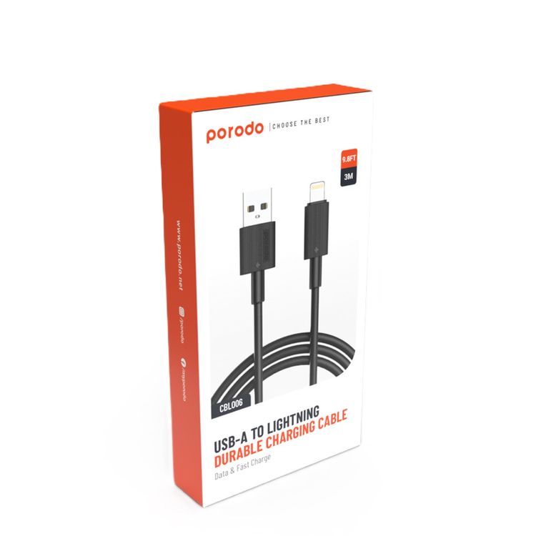 Porodo USB A to Lightning PVC Cable 3m, 480Mbps, 2.4A, more than 15000 Bends Life Span, Tangle Free - Black