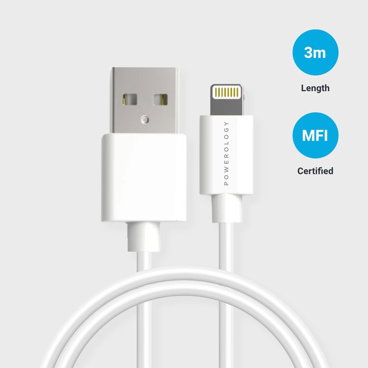 Powerology USB-A to Lightning Cable 3M Fast Charging  Data Sync - White