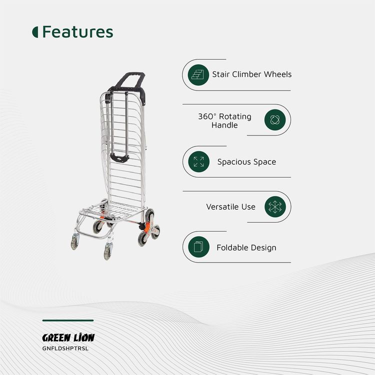 Green Lion Foldable Shopping Trolley with Shopping Bag & Elastic Ring, 20kg Maximum Load, Multiple Use, 8 Wheels, 360° Rotating Handle - Silver