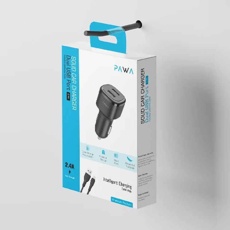 شاحن سيارة باوا متين بمنفذ USB مزدوج 2.4 أمبير مع كابل لايتنينج - أسود