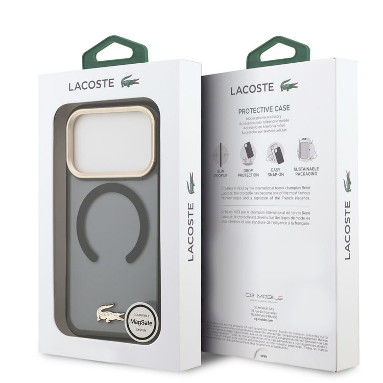 غطاء قطني شفاف من لاكوست من مادة TPU وPC مع لمسة نهائية غير لامعة لجهاز آيفون 17 برو، حماية من السقوط، تصميم نحيف، عبوة مستدامة، تصميم سهل التثبيت - أسود ضبابي / ذهبي