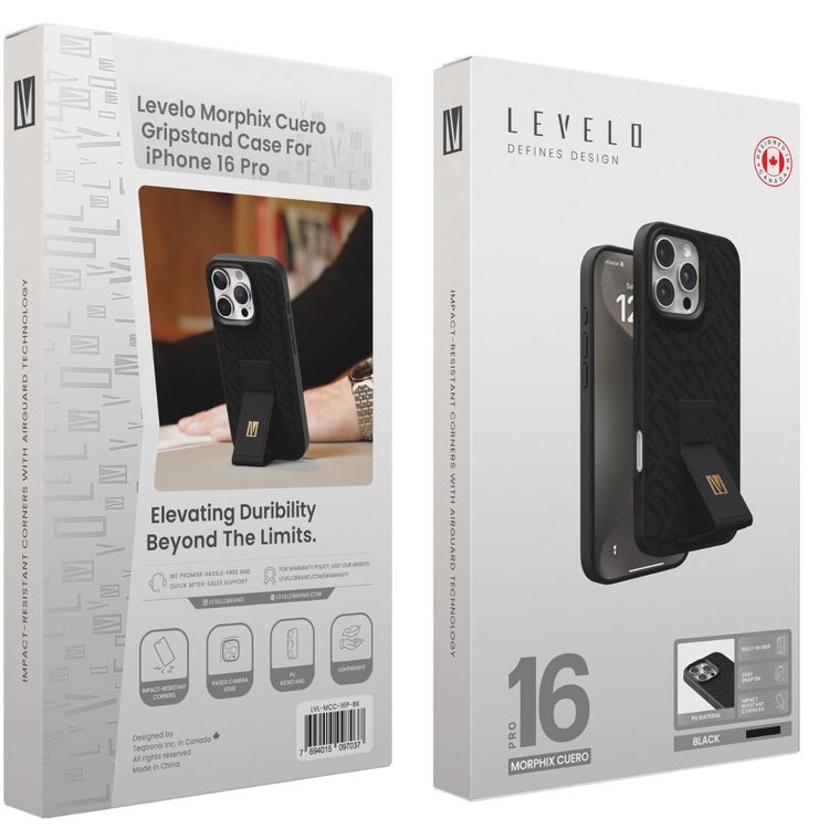 كفر حماية ليفيلو مورفيكس كويرو بمسند لهاتف آيفون 16 برو، قبضة مدمجة، سهل التركيب، زوايا مقاومة للصدمات - أسود