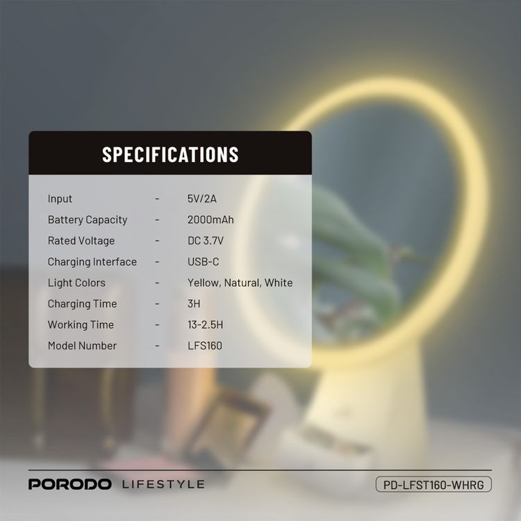 Porodo Vanity Makeup LED Illuminated Mirror with Built-in Dual Storage Drawer, Up to 13 Hours Working Time, 2000mAh Battery, Smart One-Touch Control, Yellow, Natural & White Lights, Brightness Memory Function - White / Rose Gold