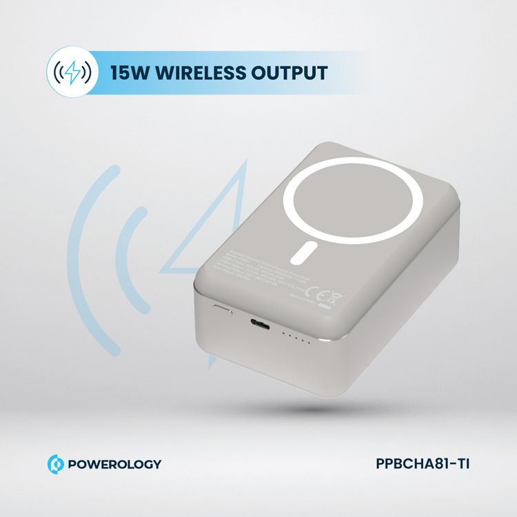 Powerology 30000mAh MagSafe Aluminum Power Bank with 20W Power Delivery, 15W Wireless Output, Li-Polymer Battery, Simultaneous Charging, Compact Design - Titanium