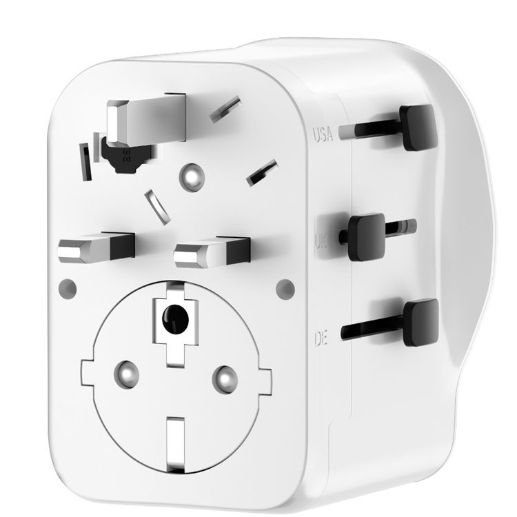 Powerology Universal Travel Adapter with PD 45W, USB-A & Dual USB-C Ports, US/ CN/ UK/ DE Plugs, Multiple Sockets, GaN Technology, Built-in Safeguards, +150 Countries Compatibility - White