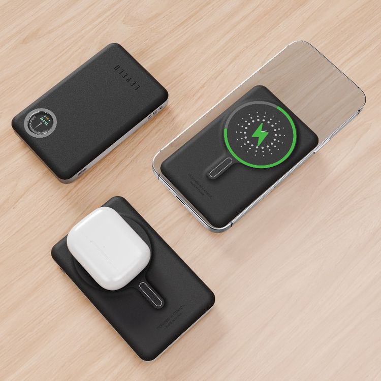 Levelo Marabella MagSafe Leather 10000mAh Power Bank with OLED Battery Status Display, N52 Magnets, 15W Wireless Charging, 20W Power Delivery, Overcurrent Protection - Dusk Black