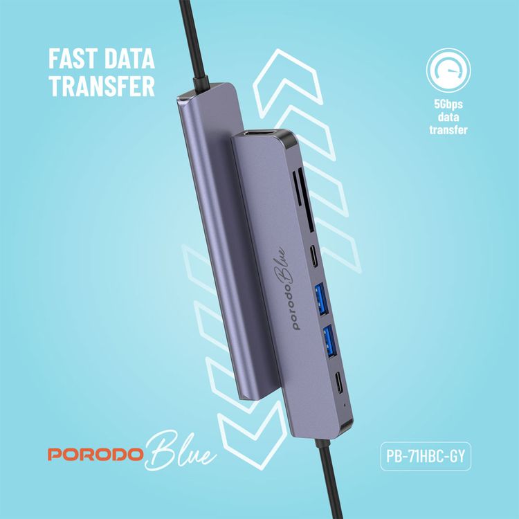 Porodo Blue 7 Ports USB-C HUB 4K HDMI & Dual USB-C, 100W PD, Card Reader, Plug and Play, Hot Swappable, Windows/Mac OS/Android - Gray