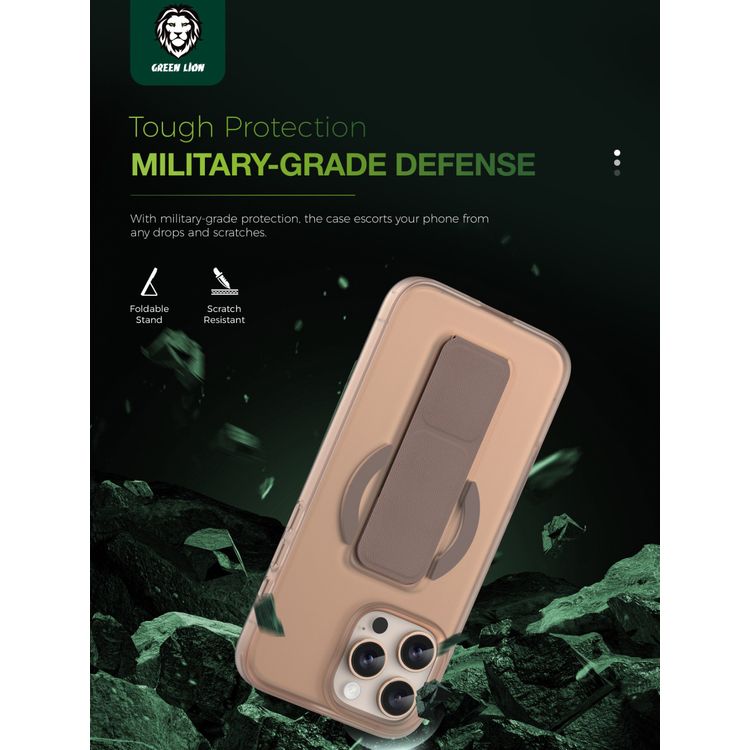 Green Lion Grip 360 MagSafe Case for iPhone 16 Pro with Leather Grip Strap, Camera Protection, Multi Functional Design, Scratch Resistant, Foldable Stand - Desert Titanium