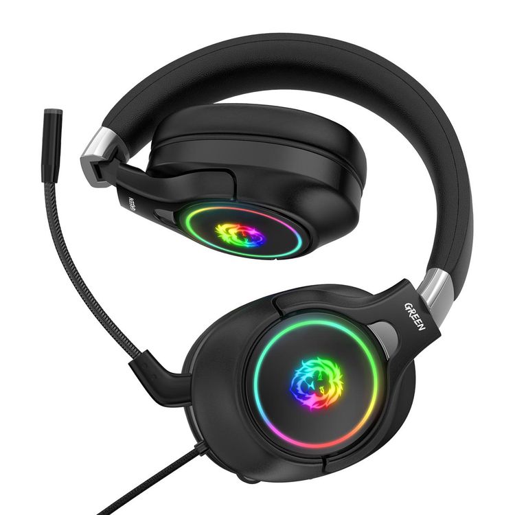 Green Lion K10 RGB Lighting Professional Gaming Headphones with Noise-Cancelling & Microphone, 3.5mm Headphone Jack, Adjustable Steel Slider, Padded Headband