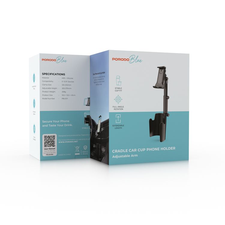 Porodo Blue Cradle Car Cup Holder with Adjustable Arm, Stable Cup Fit, Full-Angle Rotation, Extendable Length, Horizontal and Vertical Viewing, One-Handed Operation, Universal Compatibility, ABS and Silicone Material, 120-220 mm Clamp Size, Compatible with  5"-12.9" Devices - Black