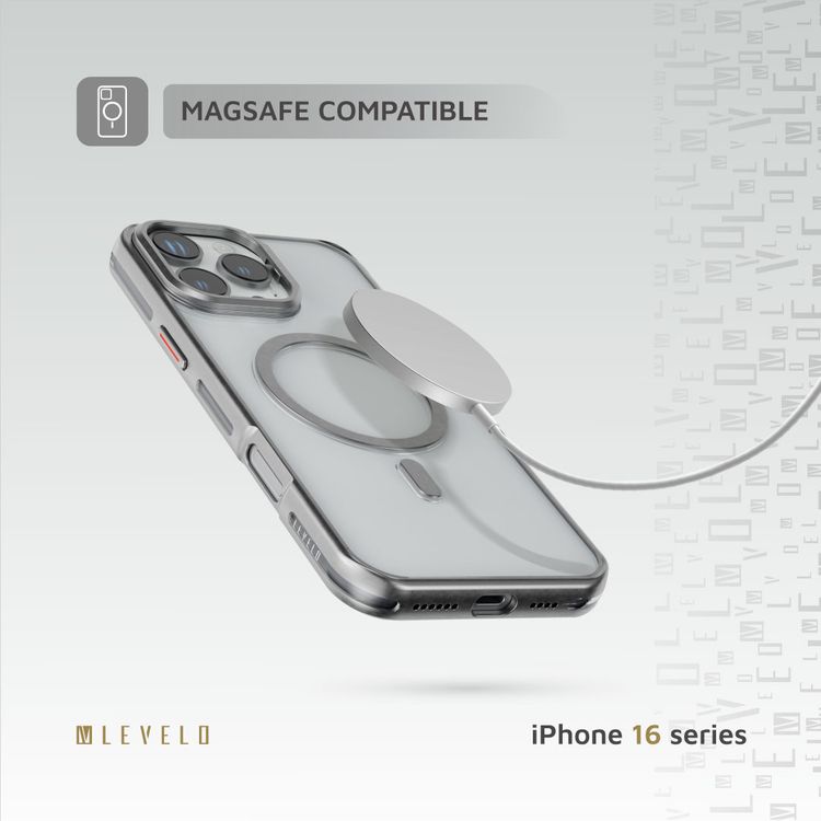 Levelo Elio PC Case with Camera Ring Stand for iPhone 16 Pro Max, Built-in Kickstand, MagSafe Compatible - Silver 