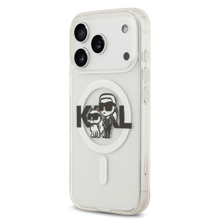 غطاء كارل لاغرفيلد MagSafe IML بلمعة مع رؤوس كارل وشوبيت لهاتف آيفون 17 برو، حماية من السقوط، تصميم نحيف ووزن خفيف، سهل التركيب، قبضة مريحة، تغليف مستدام - شفاف